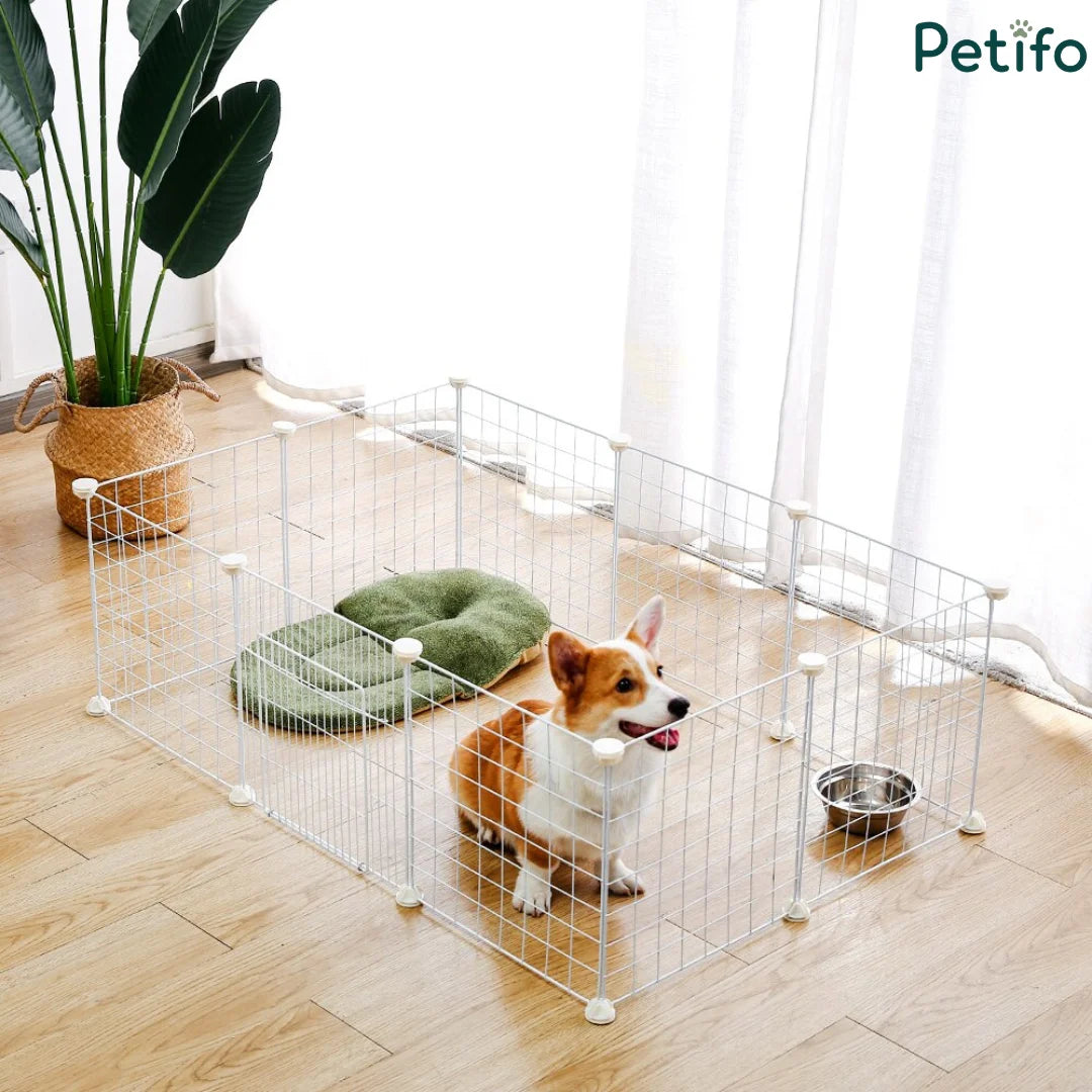 Petifo indoor white wire dog playpen set up with a green pet bed and food bowl.