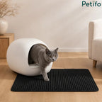 Grey British Shorthair cat stepping out of white covered litter box onto black honeycomb mat