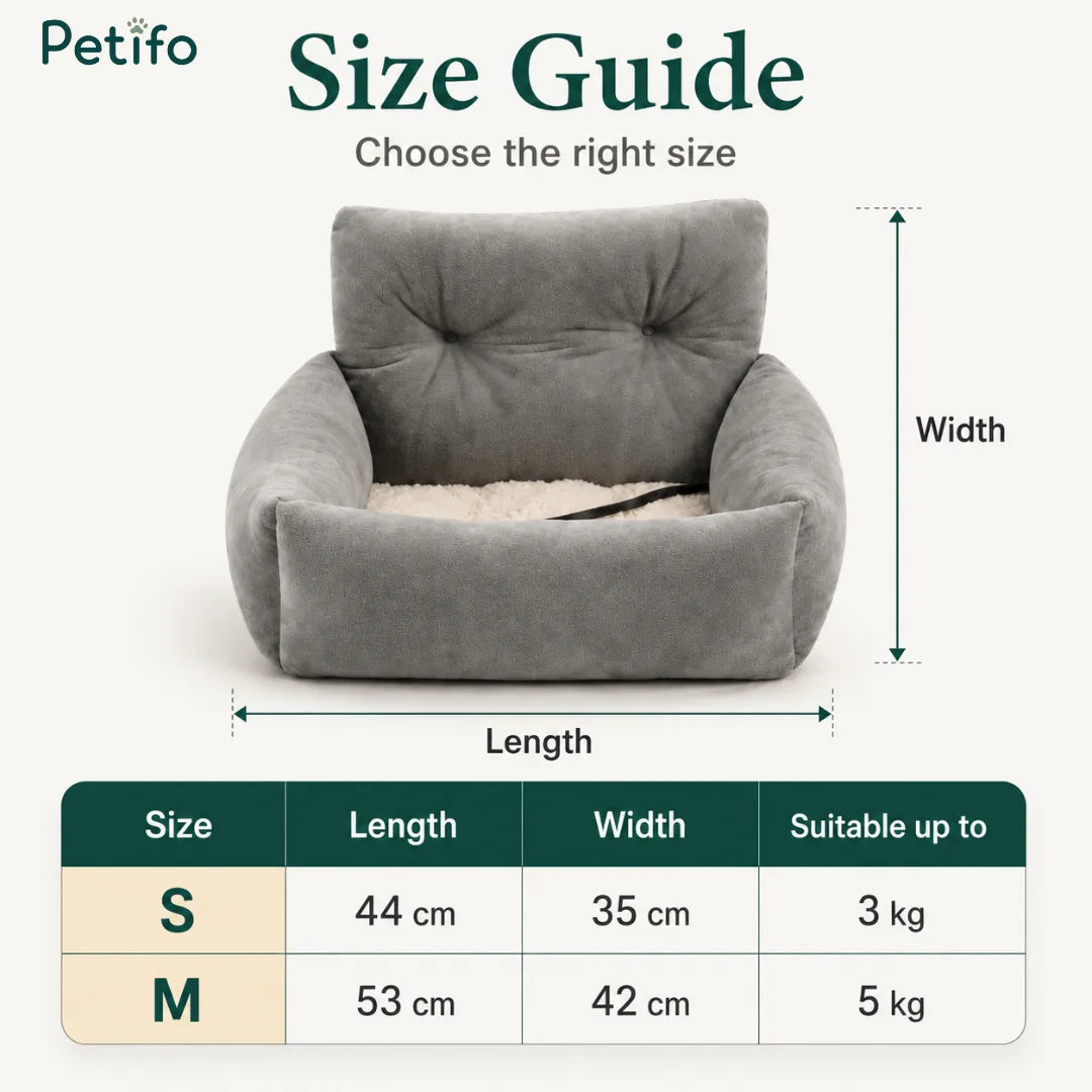 Size guide infographic for a grey plush pet car seat detailing dimensions and weight limits for small and medium sizes.