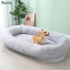 A charming corgi sitting inside a large, fluffy grey human dog bed.