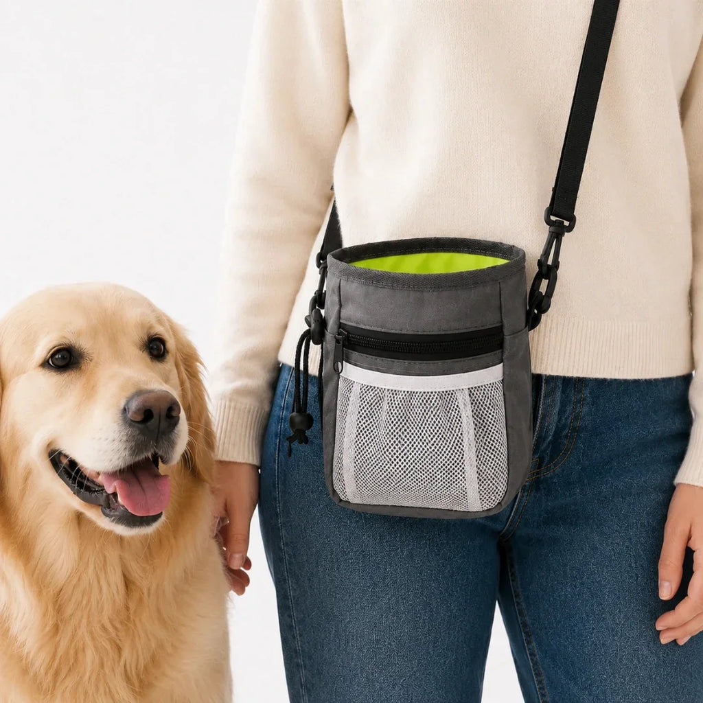 A person wearing a grey dog treat training bag across their shoulder next to a happy golden retriever.