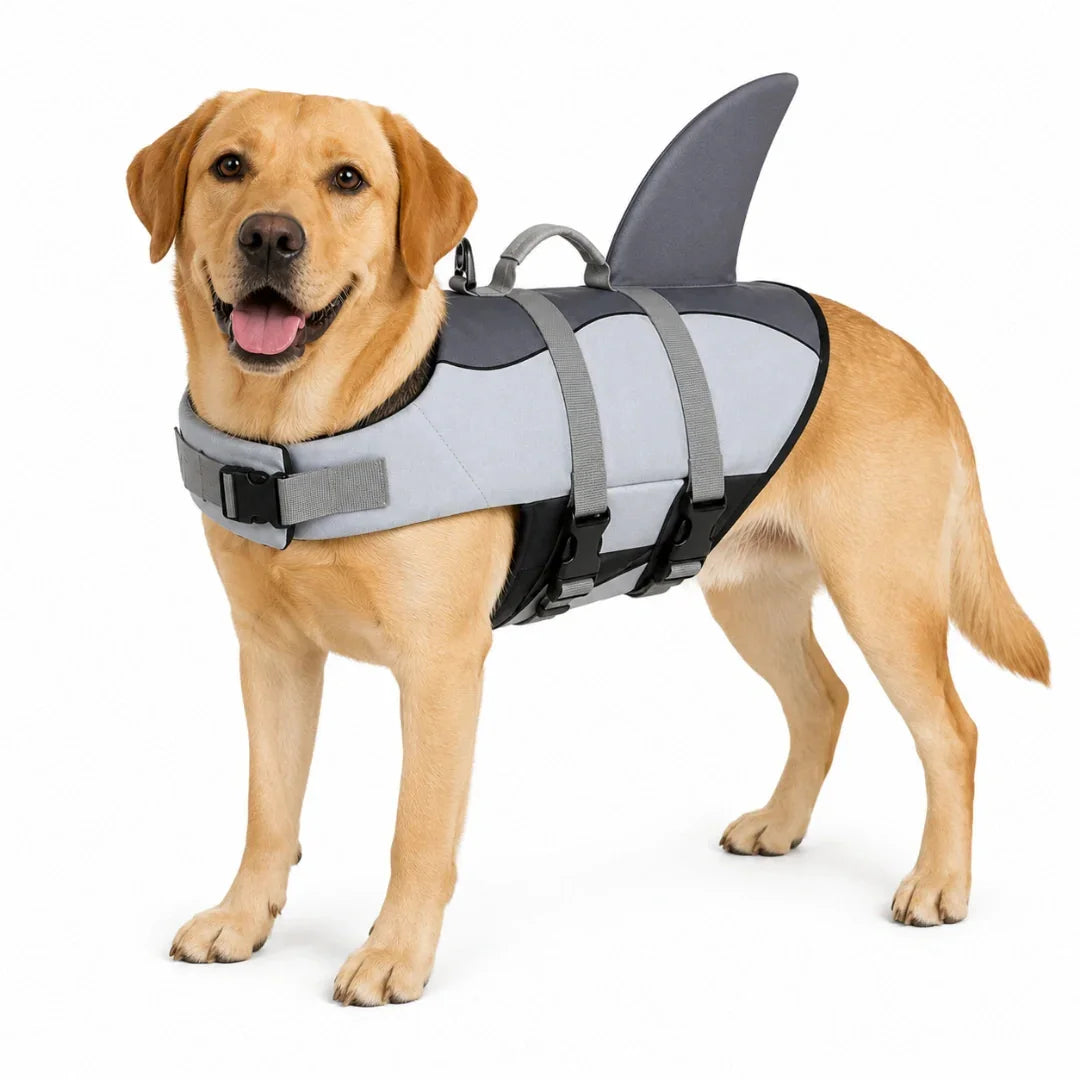 Golden Retriever standing proudly in a grey Petifo shark fin dog life jacket for a studio product shot.
