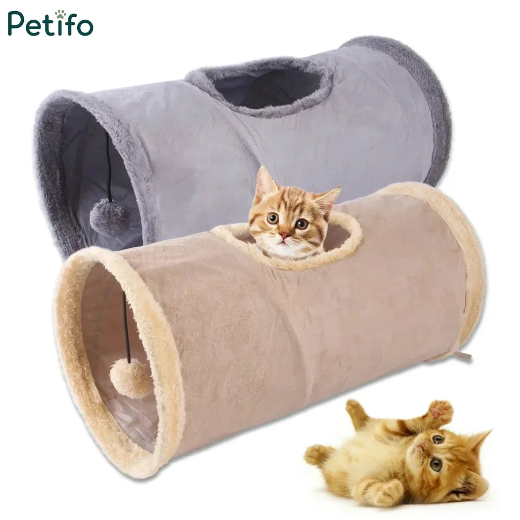 Grey and beige plush cat tunnel options displayed alongside a playful kitten.