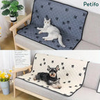 Two lifestyle views showing grey and beige paw-print pet furniture protector mats laid out on living room sofas.