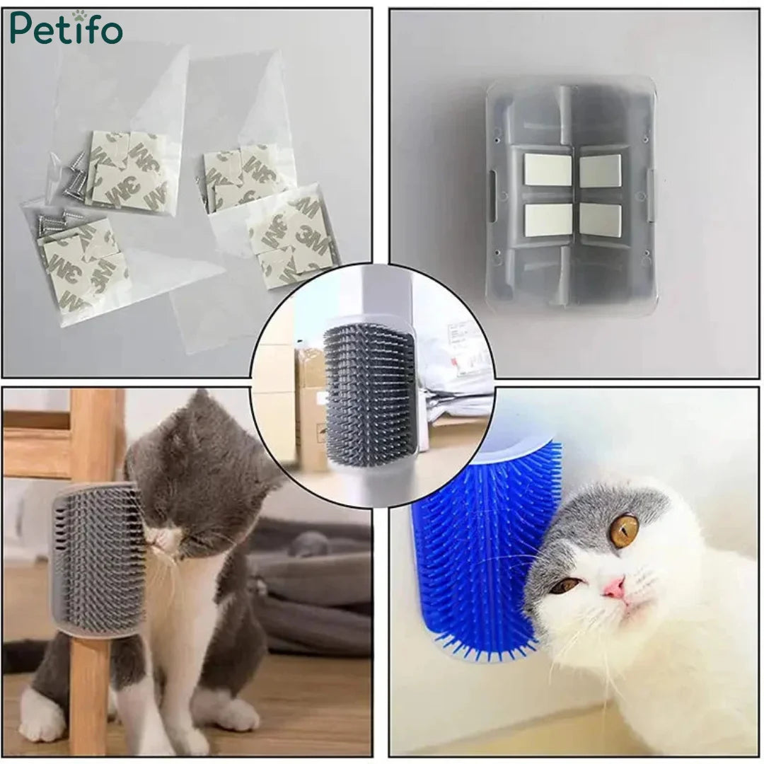 Multi-panel product overview showing mounting hardware, installation spots, and cats using the grey and blue corner groomers.