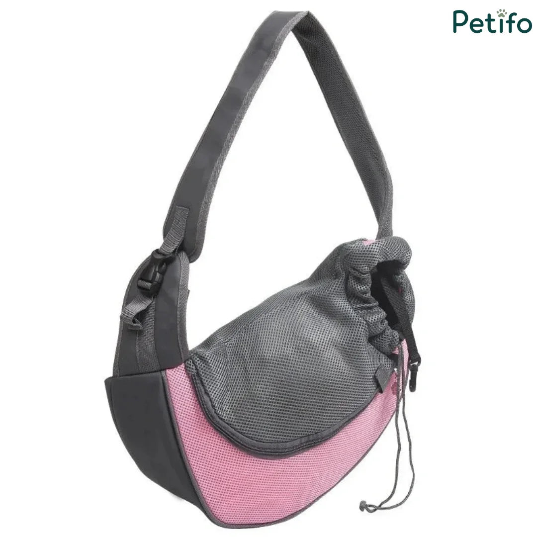 Stylish grey and pink breathable mesh hands-free pet sling carrier for small dogs and cats.