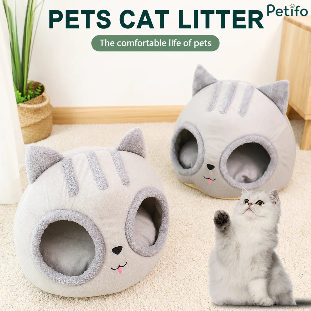 Petifo cat shape nest shown in a cozy room setting with a cute grey and white cat playing nearby.