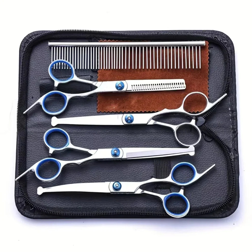 Complete professional dog grooming scissors and comb kit stored securely in a black leather case.