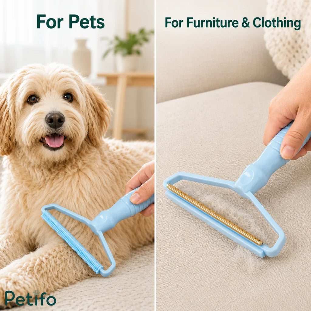 Pet hair remover tool demonstrated for grooming a fluffy dog and cleaning furniture and clothing.