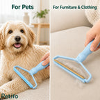 Pet hair remover tool demonstrated for grooming a fluffy dog and cleaning furniture and clothing.