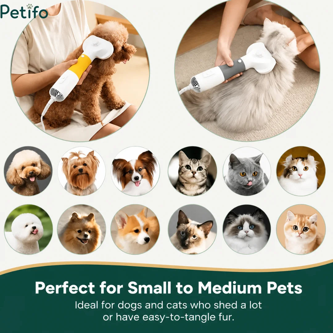 Petifo pet grooming dryer shown in use on small to medium dogs and cats of various breeds.