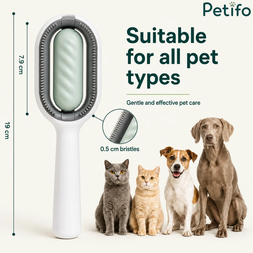 Petifo grooming brush dimension guide showing 19 cm total height and 7.9 cm head width alongside cats and dogs