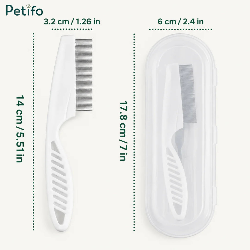 Size dimension guide showing measurements for the fine-toothed pet grooming comb and its storage case.