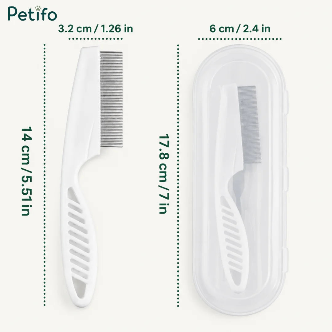 Size dimension guide showing measurements for the fine-toothed pet grooming comb and its storage case.