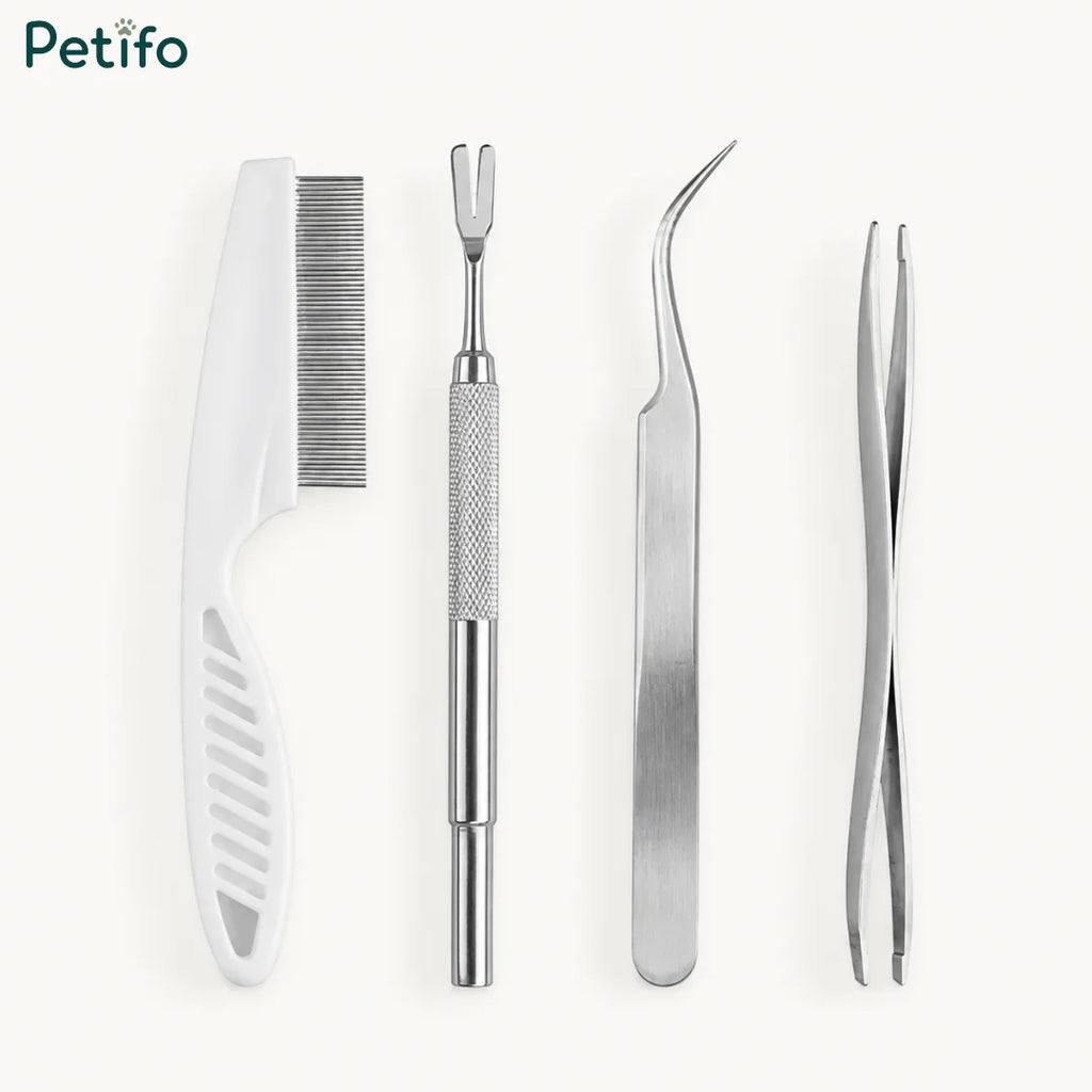 Complete set of four stainless steel flea and tick removal grooming tools arranged side by side.