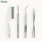 Complete set of four stainless steel flea and tick removal grooming tools arranged side by side.