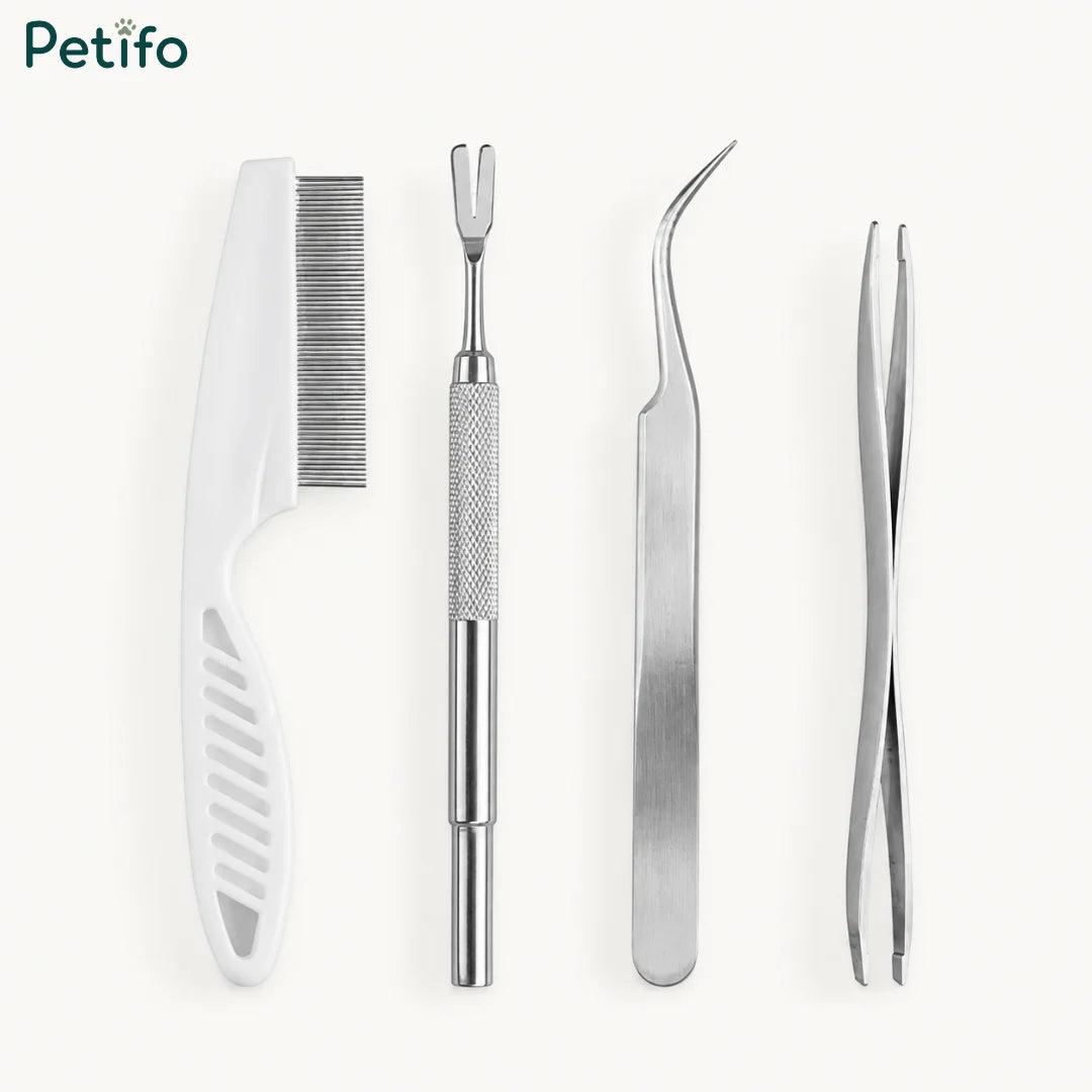 Complete set of four stainless steel flea and tick removal grooming tools arranged side by side.