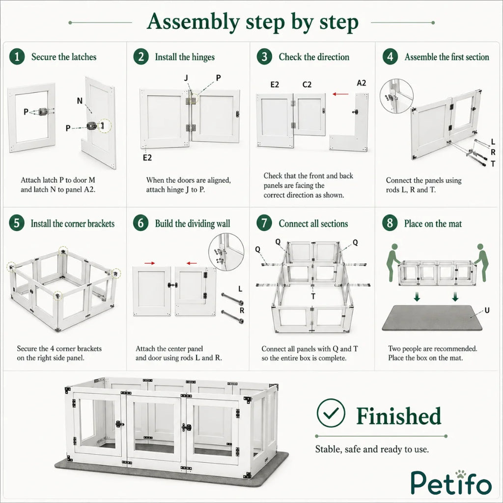 Step-by-step assembly guide for the Petifo wooden pet playpen, detailing 8 clear construction steps from securing latches and hinges to placing the finished pen on the mat.