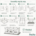 Step-by-step assembly guide for the Petifo wooden pet playpen, detailing 8 clear construction steps from securing latches and hinges to placing the finished pen on the mat.