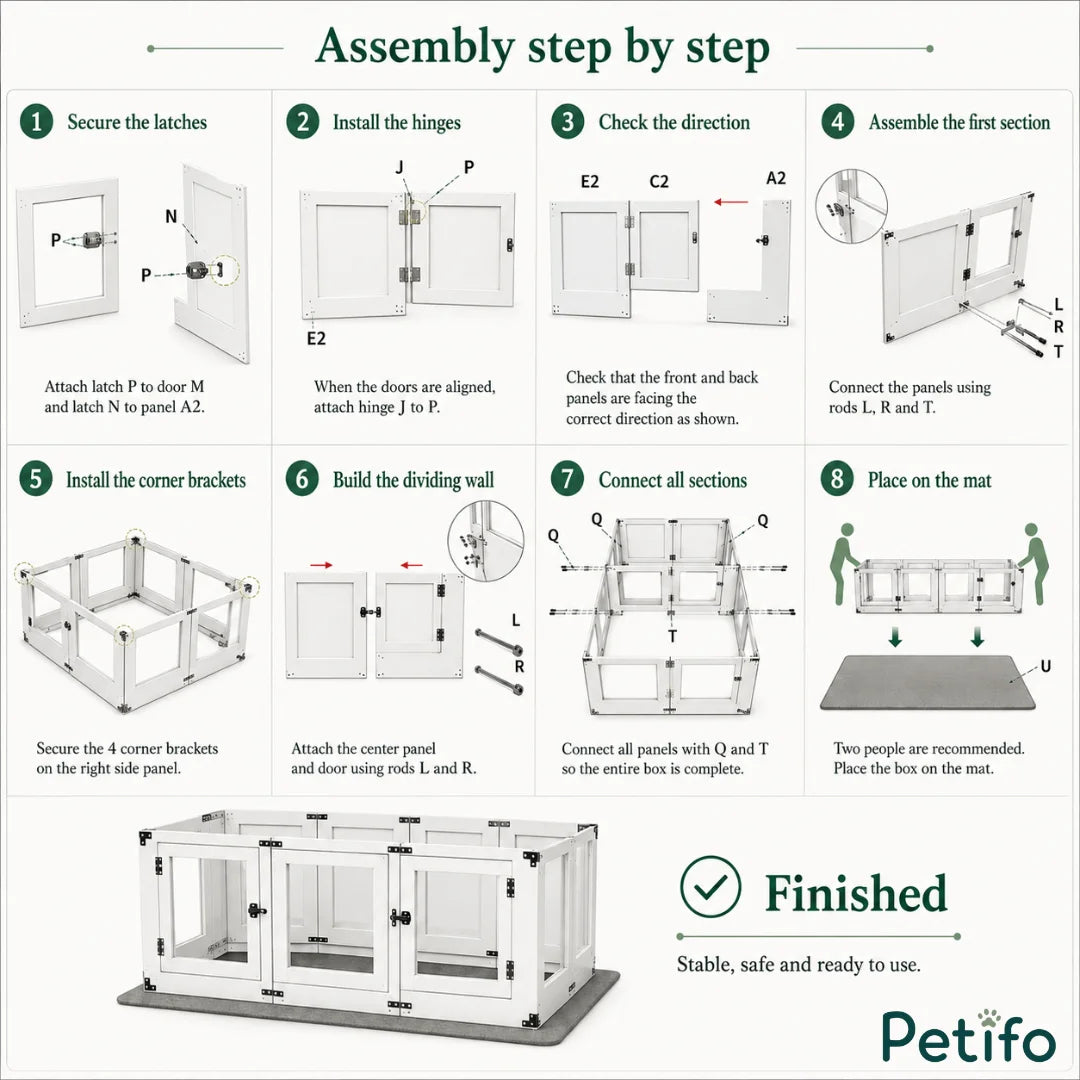 Step-by-step assembly guide for the Petifo wooden pet playpen, detailing 8 clear construction steps from securing latches and hinges to placing the finished pen on the mat.