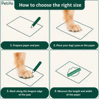 Step-by-step illustrated guide on how to measure a dog's paw size using paper, a pen, and a ruler.