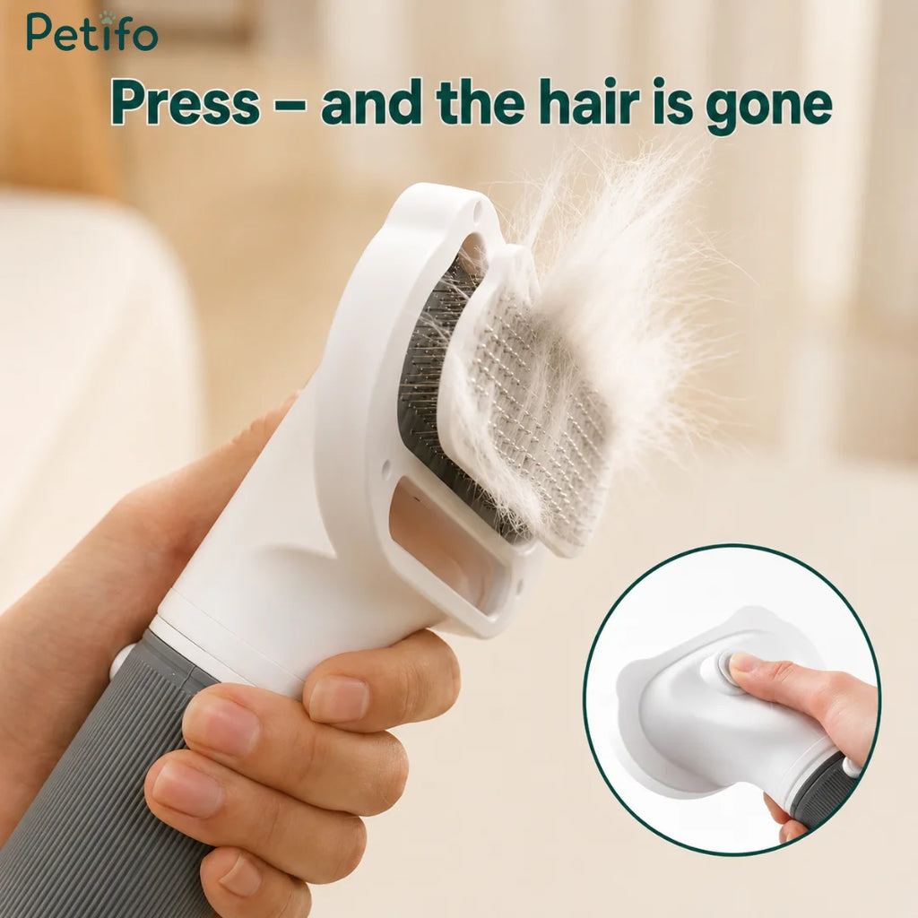 Petifo 3-in-1 pet grooming dryer showing easy hair removal with a push-button mechanism.