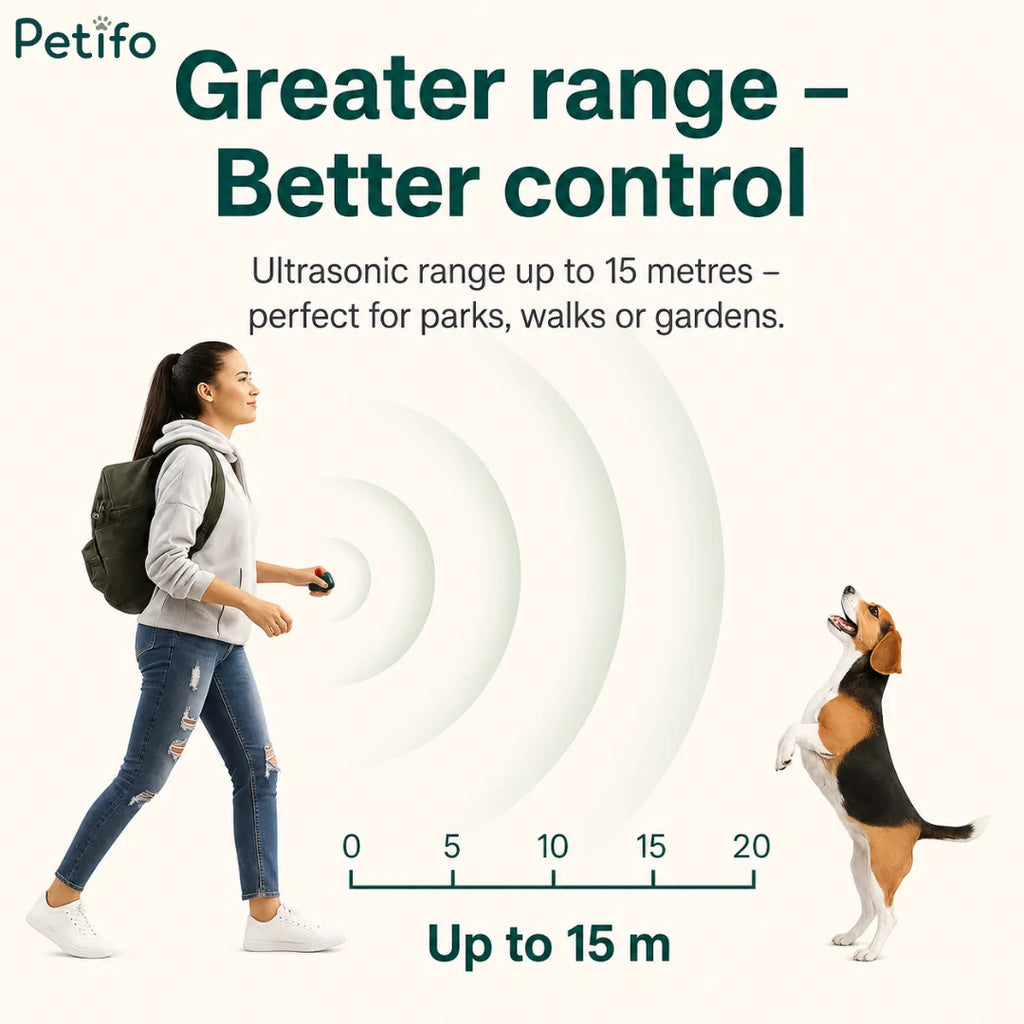 Illustration of a handler using the 15-meter range ultrasonic device on a dog outdoors.