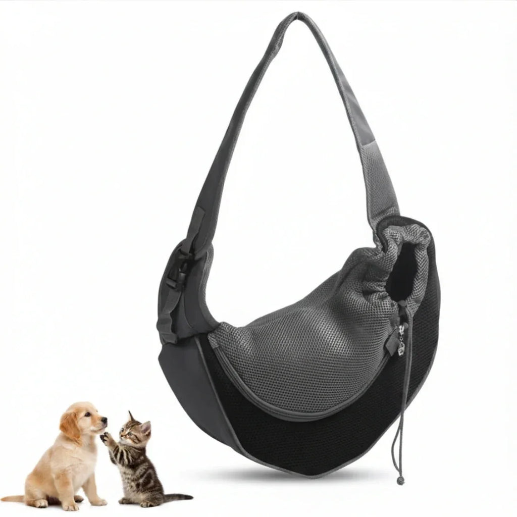 Grey mesh hands-free pet sling carrier shown alongside a puppy and a kitten.