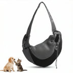 Grey mesh hands-free pet sling carrier shown alongside a puppy and a kitten.