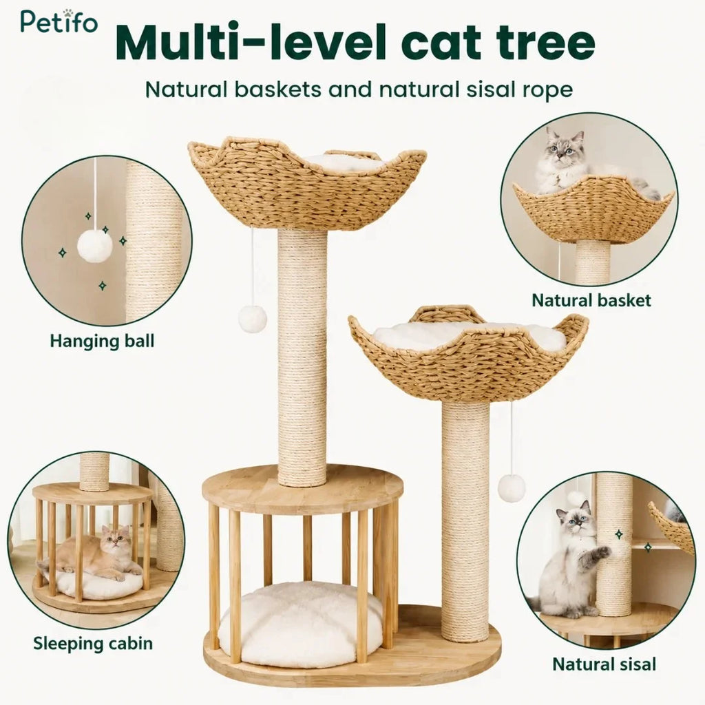 Petifo multi-level cat tree infographic highlighting natural baskets, hanging balls, sleeping cabin, and sisal rope.