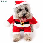 Happy dog posing while wearing a red Santa Claus outfit with a matching hat.