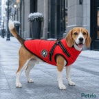 Beagle wearing a bright red winter dog coat with built-in harness on a snowy sidewalk.