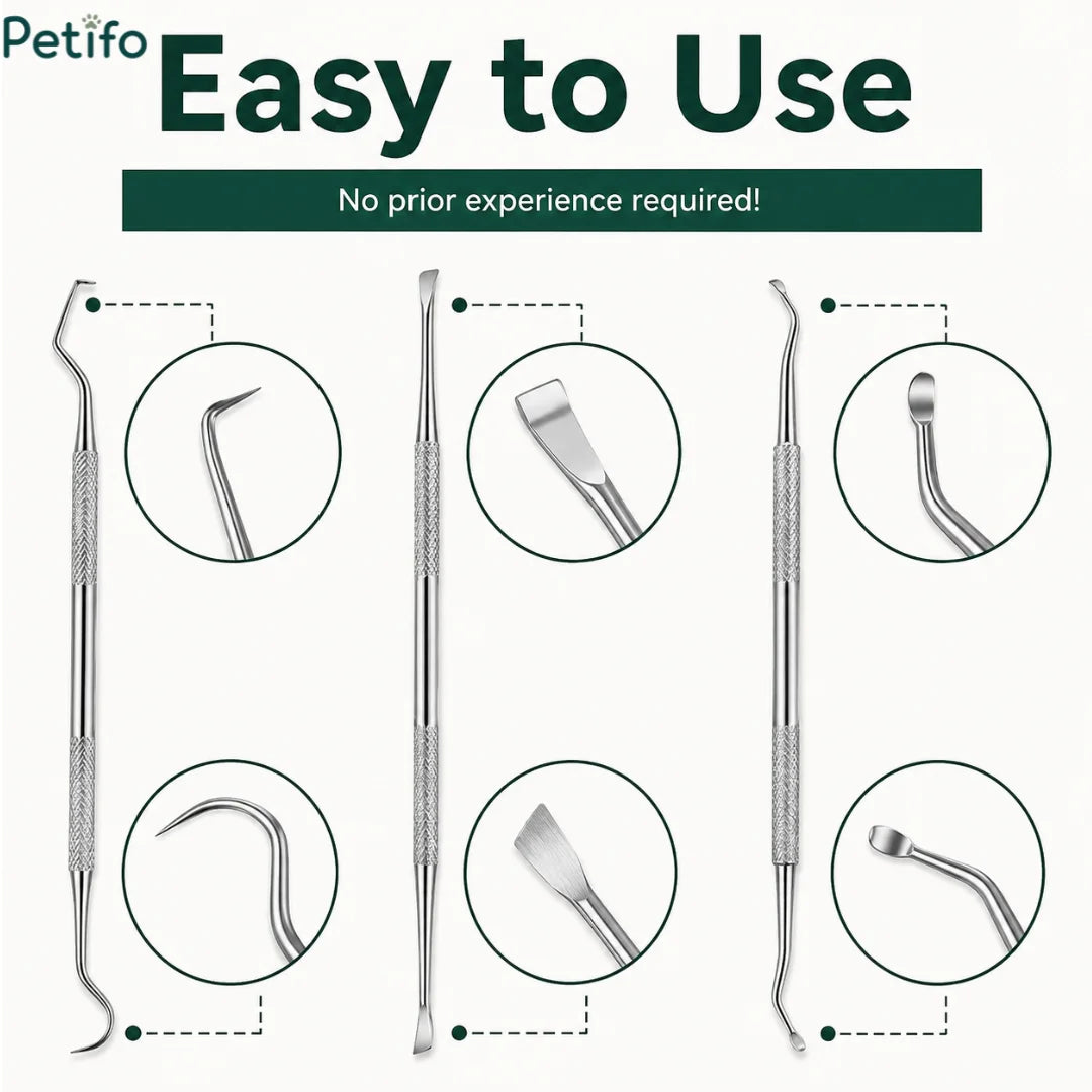 Diagram highlighting double-ended dental scraper tool tips including pick, flat, and curved ends