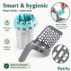 Smart and hygienic cat litter scoop highlighting durable materials and easy bag attachment features.