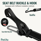 Close-up display of the dual installation methods featuring a seat belt buckle and ISOFIX hook.