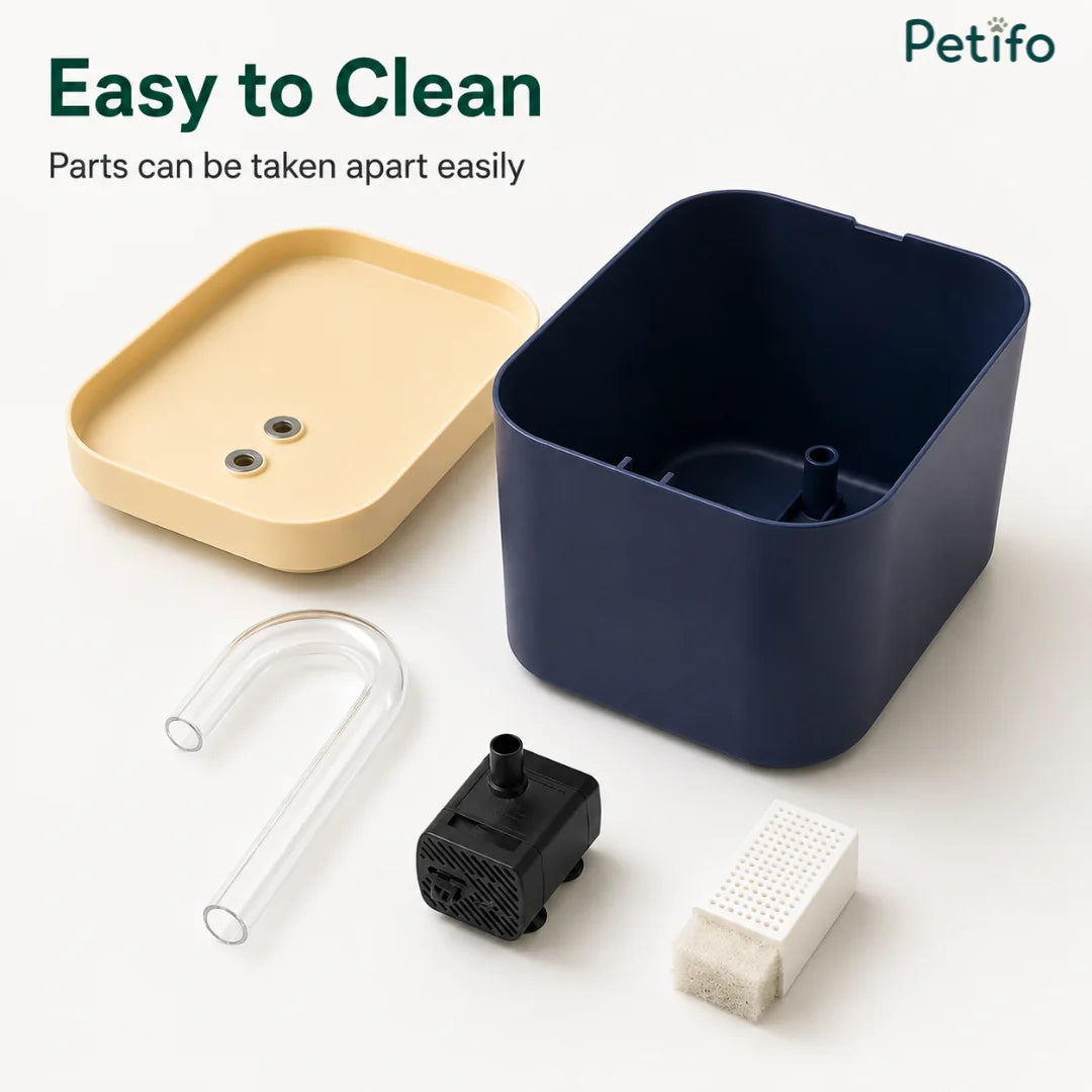 Petifo cat water fountain disassembled into its individual parts including the basin, lid, water outlet pipe, pump, and filter for easy cleaning.
