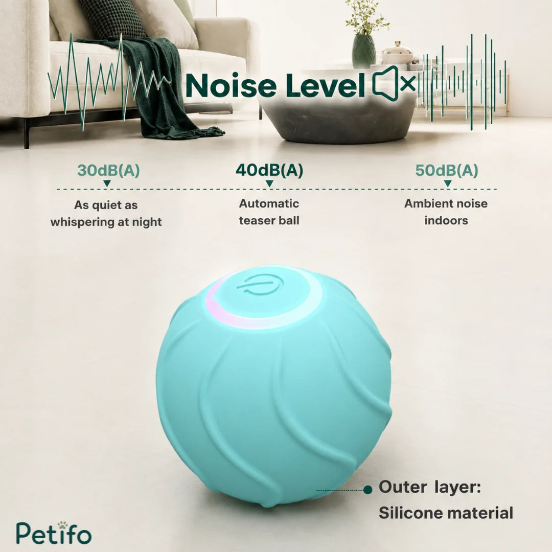 Blue Petifo automatic teaser ball with a quiet 40dB(A) silicone outer layer designed for indoor play.