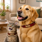 Happy golden retriever and an attentive tabby cat wearing personalized leather collars indoors with a cozy living room background.