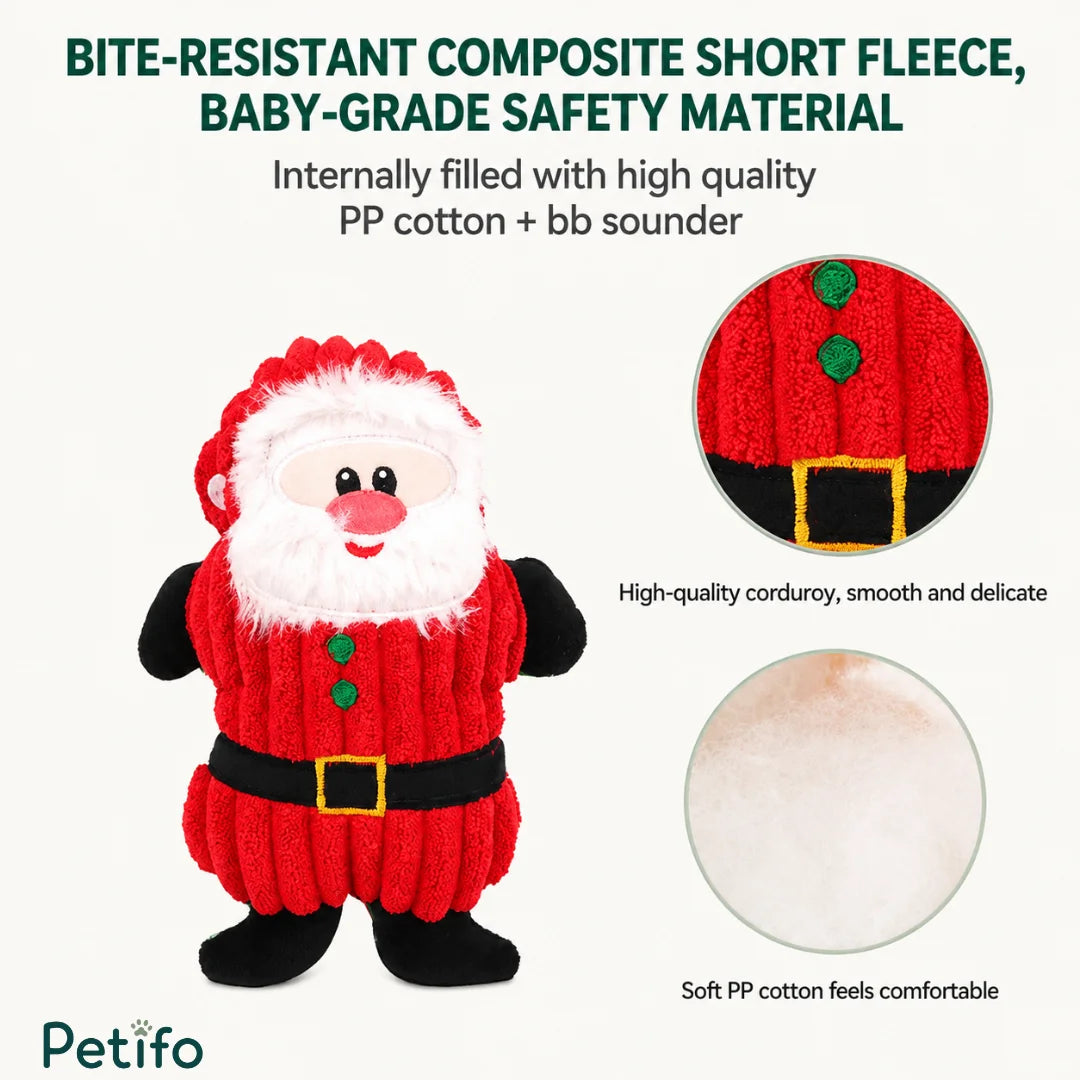 Infographic detailing the bite-resistant composite short fleece, high-quality PP cotton, and bb sounder inside the Santa pet toy.