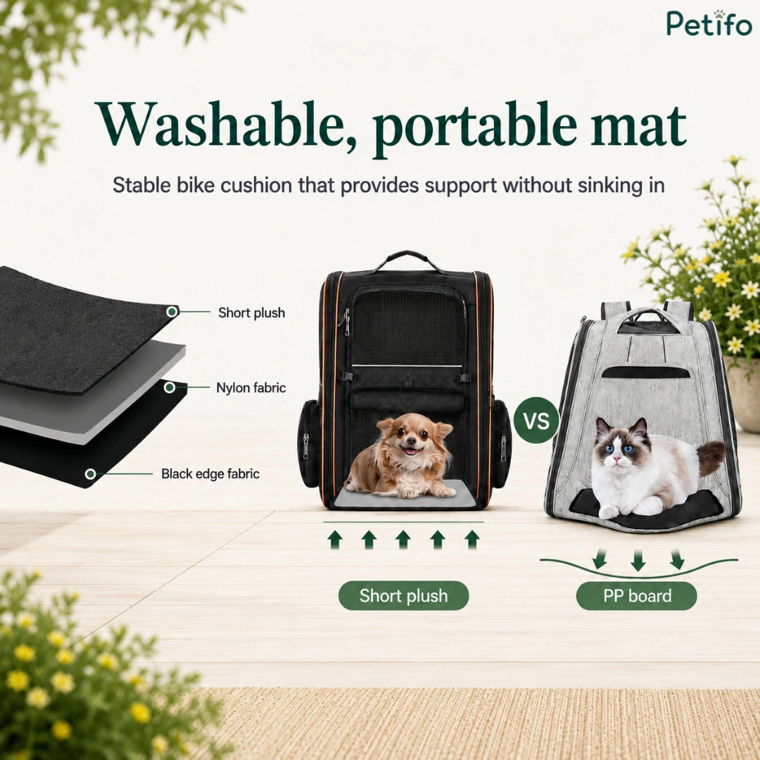 Infographic comparing the washable, stable mat of the Petifo carrier featuring short plush, nylon fabric, and black edge fabric against a standard PP board.