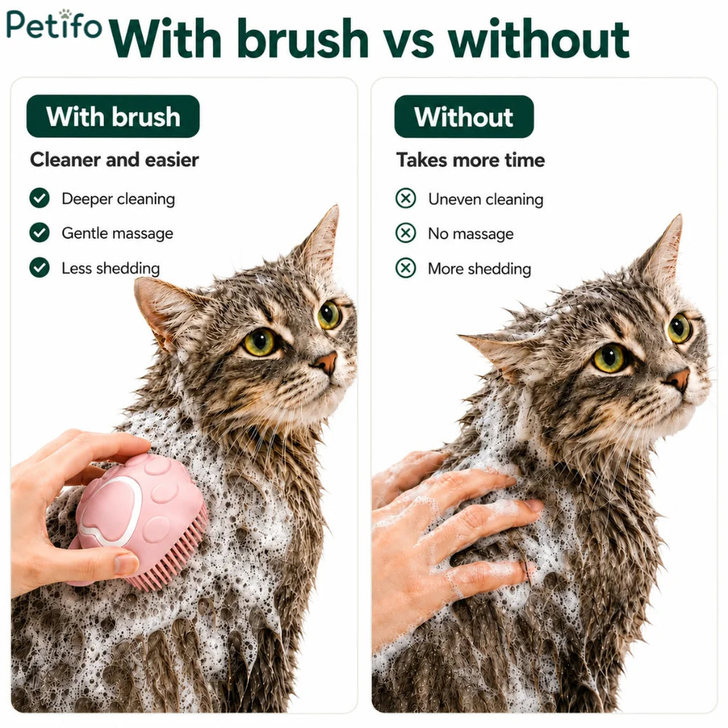 Infographic comparing pet bathing with the Petifo brush versus without a brush for cleaner results.