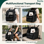 Infographic displaying the 4 smart ways to use the Petifo multifunctional transport bag as a backpack, shoulder bag, bike basket, and car seat.