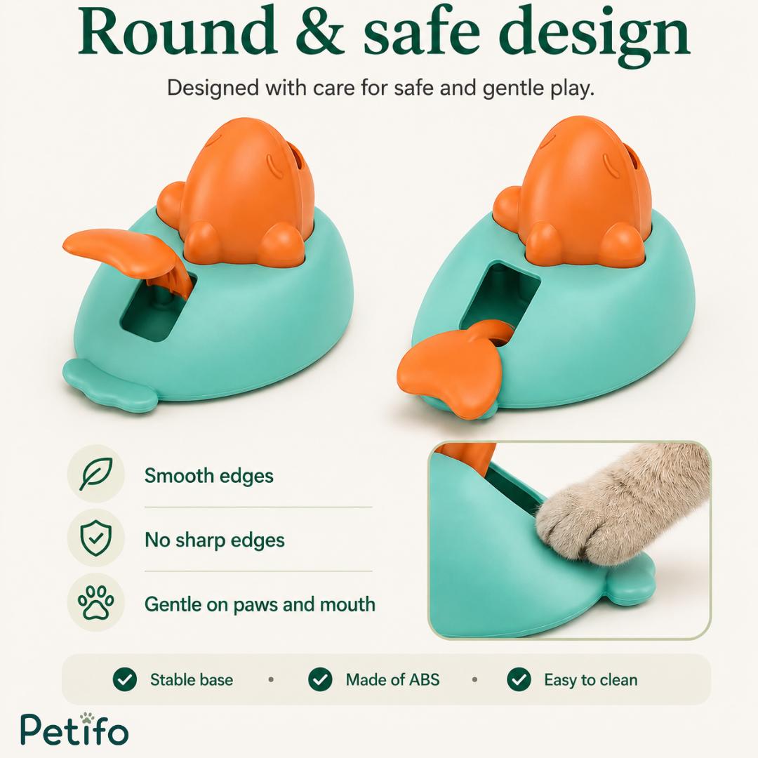 Petifo treat launcher sizing and design infographic highlighting its smooth edges, ABS construction, and stable base.