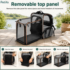 Infographic showing instructions for removing the top panel of the Petifo expandable pet carrier for extra space and freedom of movement.