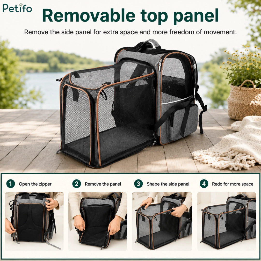 Infographic showing instructions for removing the top panel of the Petifo expandable pet carrier for extra space and freedom of movement.