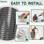 Step-by-step installation guide demonstrating how to insert catnip, peel adhesive pads, and mount the groomer.