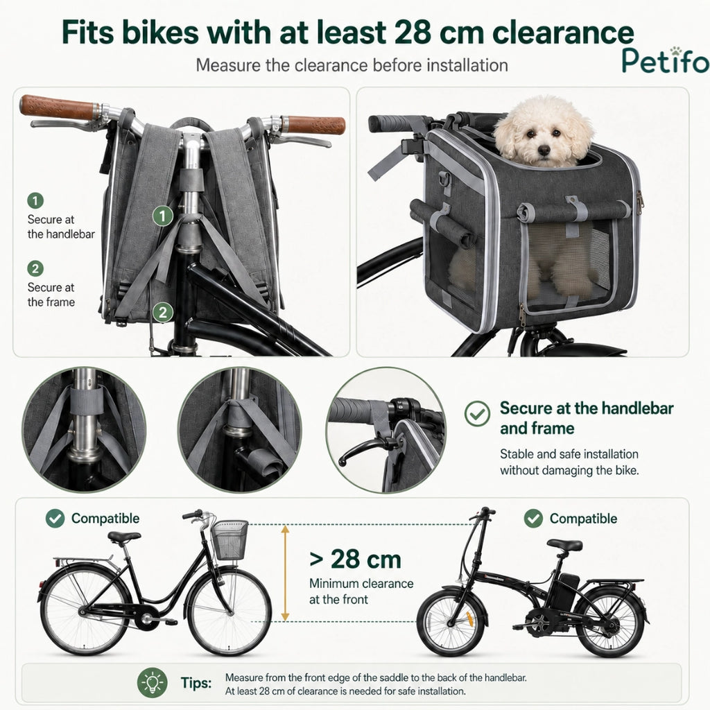 Installation guide and handlebar clearance requirements for mounting the Petfuled bicycle pet bag.