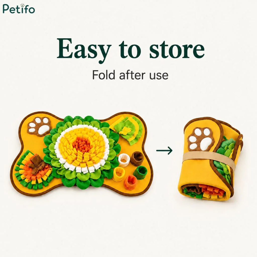 Instructional graphic demonstrating how the yellow bone-shaped snuffle mat can be easily folded and rolled up for compact storage after use.