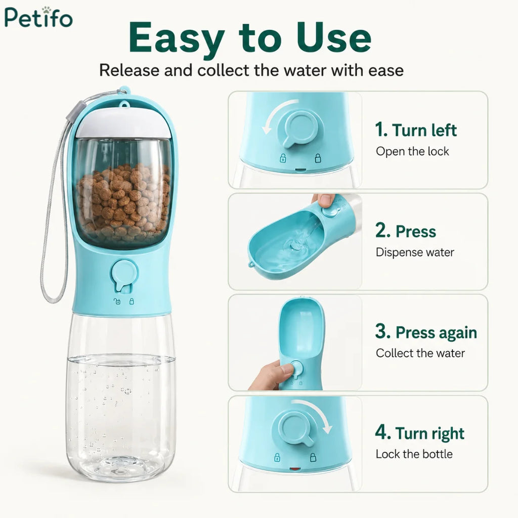 Instructional guide detailing how to use the Petifo bottle: turn left to unlock, press to dispense water, press again to collect, and turn right to lock.