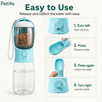 Instructional guide detailing how to use the Petifo bottle: turn left to unlock, press to dispense water, press again to collect, and turn right to lock.